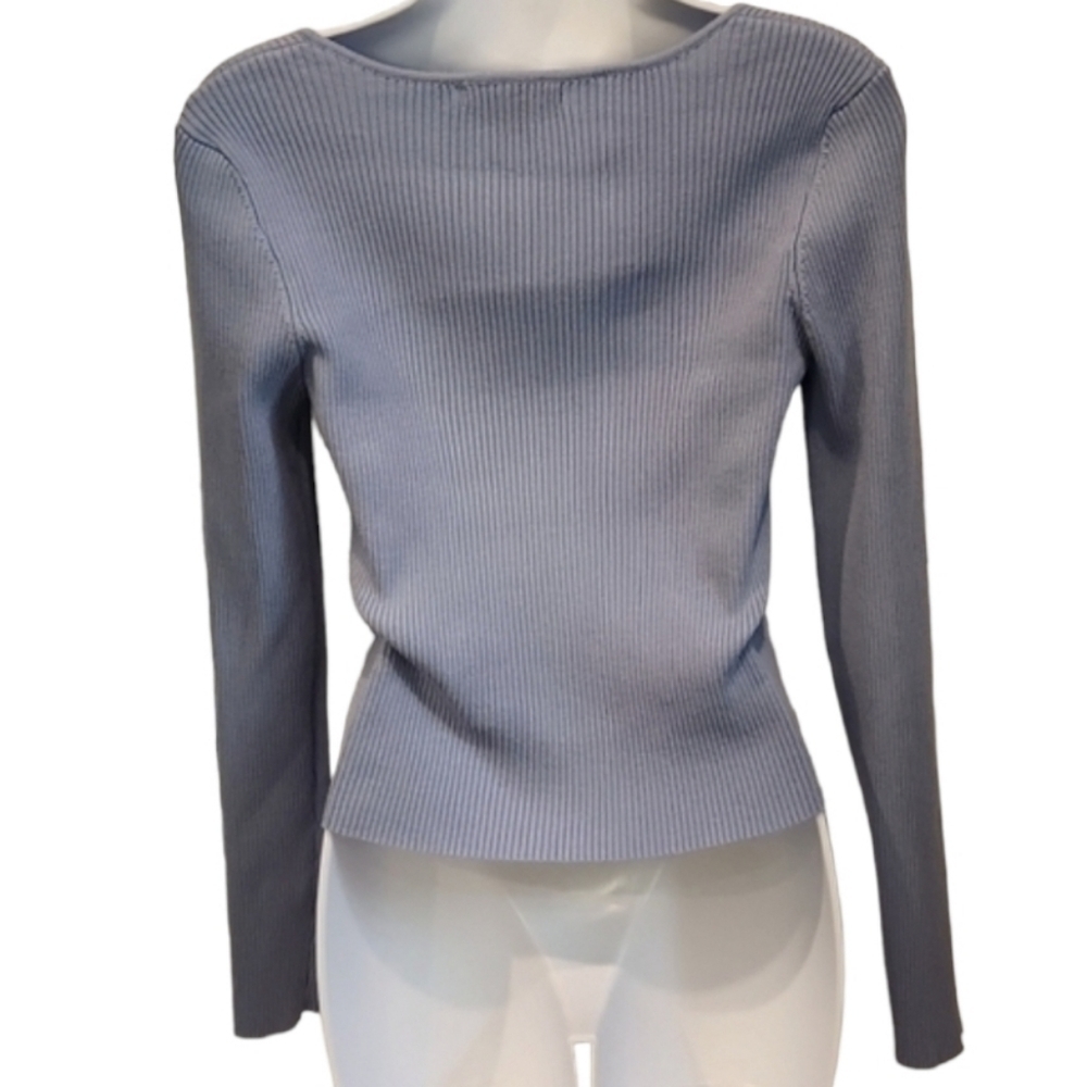 Periwinkle Blue Ribbed Button Front Henley Top - Picture 4 of 5